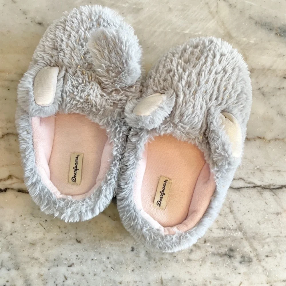 Grey gray bunny slippers with shimmer gold & pastel pink accents Easter rabbit